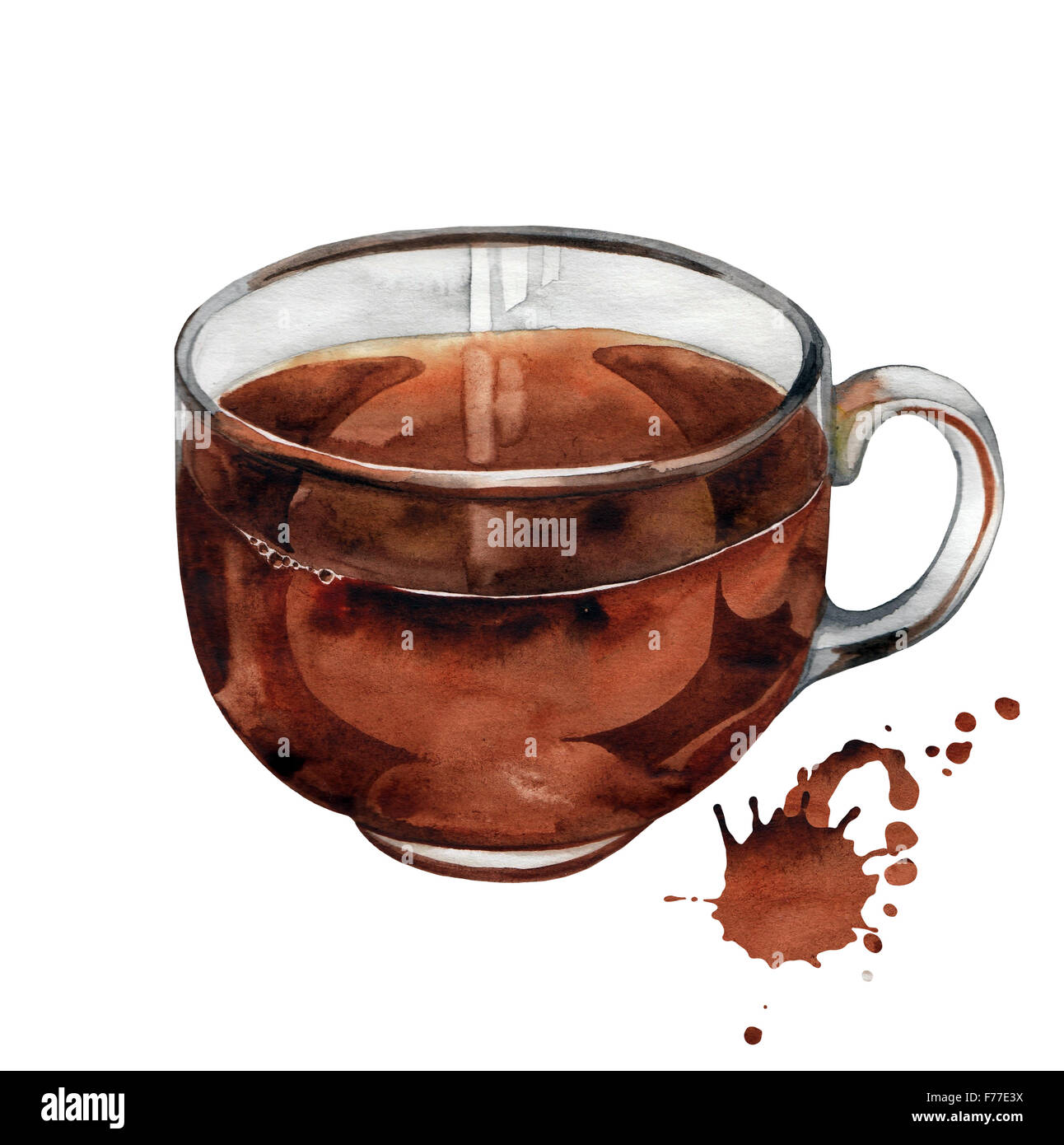Watercolor glass cup of black tea isolated on white background Stock