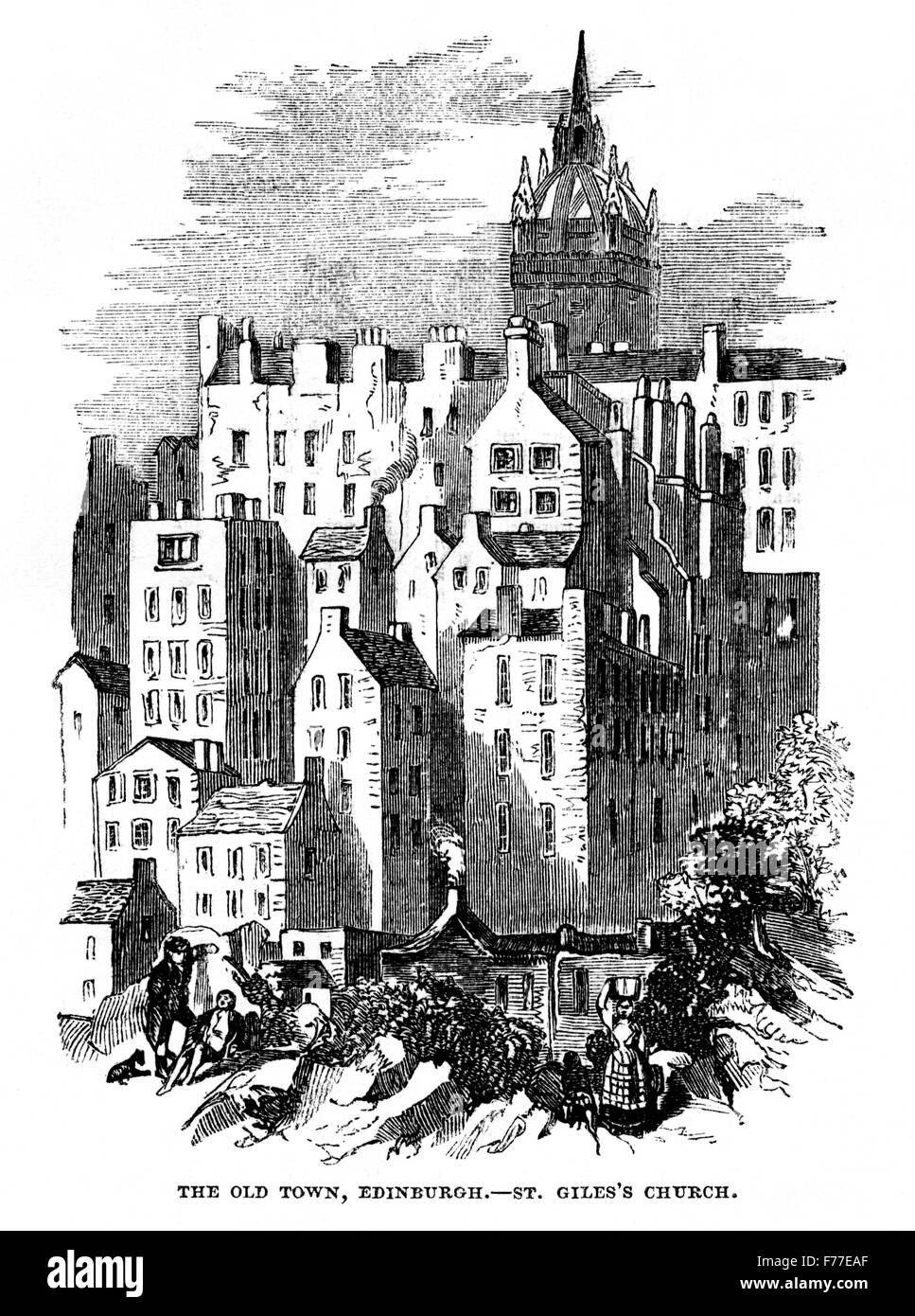 An engraving of Old Town, St. Giles's Church Edinburgh UK scanned at high resolution from a book printed in 1852. Believed copyright free. Stock Photo