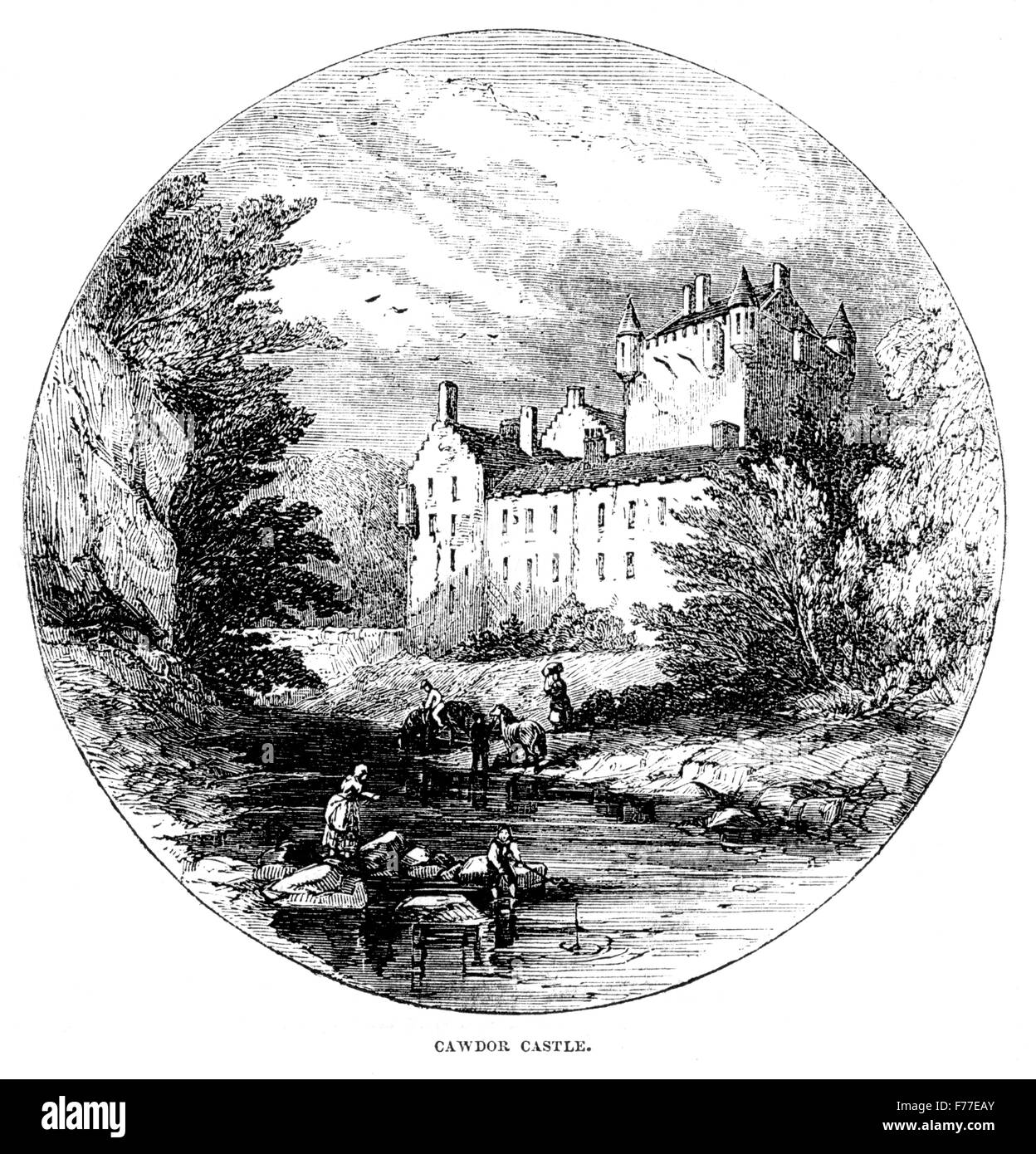 An engraving of a Cawdor Castle scanned at high resolution from a book printed in 1852. Believed to be free of all copyright. Stock Photo