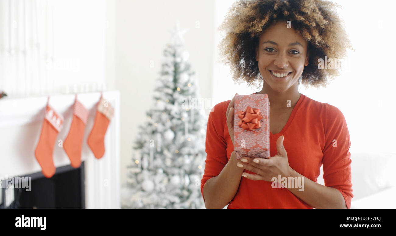 Smiling African woman holding a Christmas gift Stock Photo - Alamy