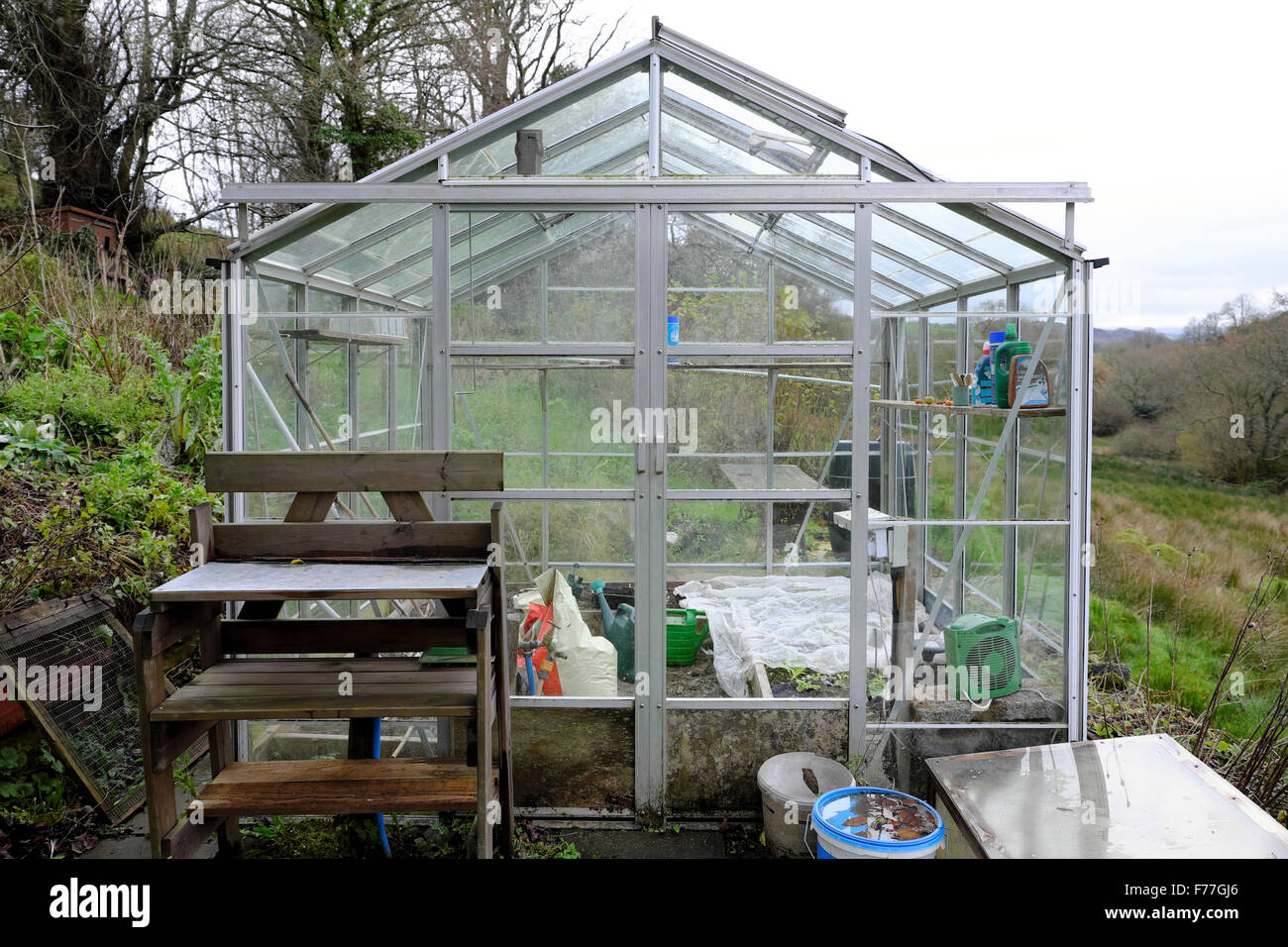 Exterior view of greenhouse in November cleaned and all ready for spring gardening Wales UK    KATHY DEWITT Stock Photo