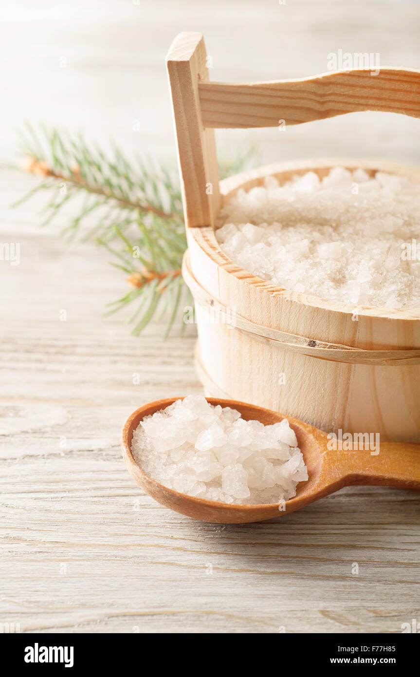 Aromatic bath salt in wooden bucket and spoon Stock Photo Alamy