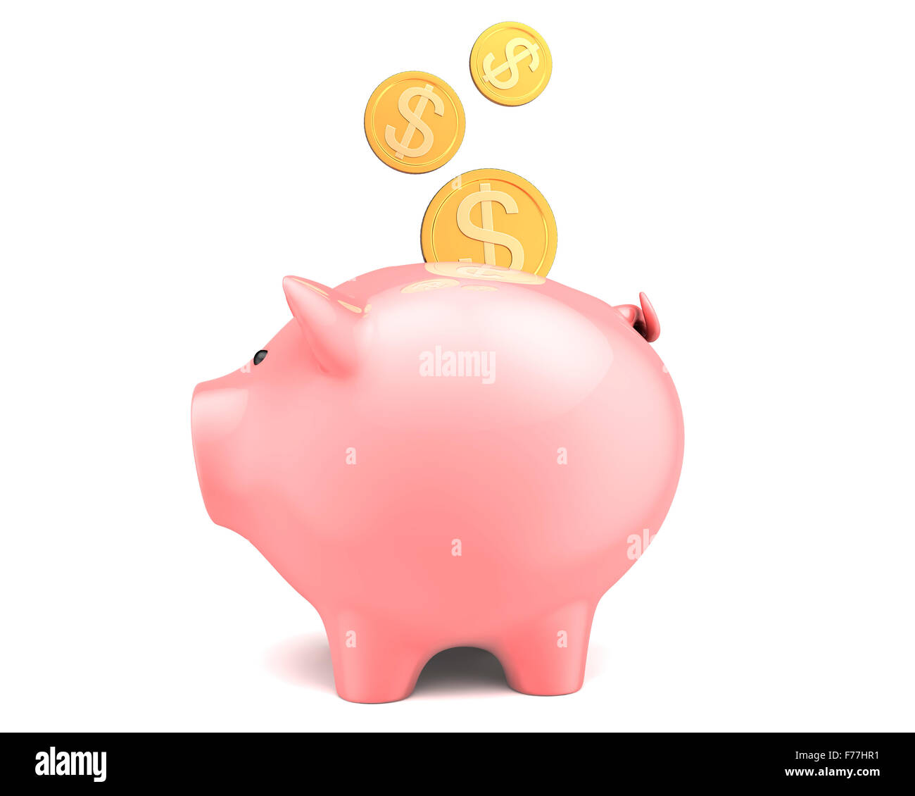 Piggy bank, with coins falling into slot. Isolated on white Stock Photo