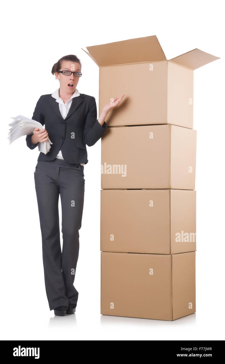 Woman businesswoman with boxes on white Stock Photo - Alamy