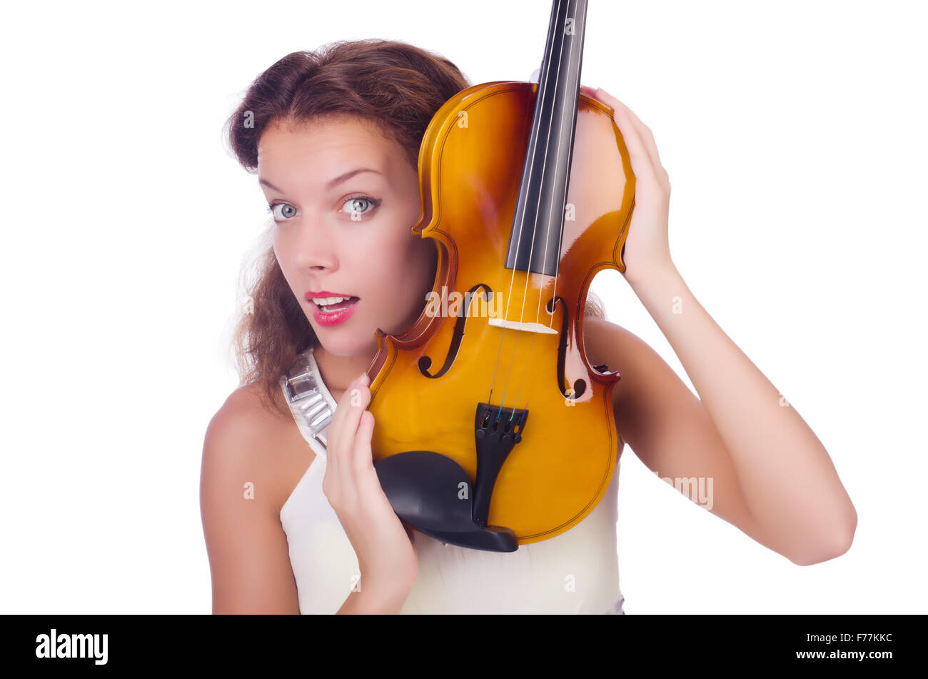 Young girl with violin on white Stock Photo - Alamy