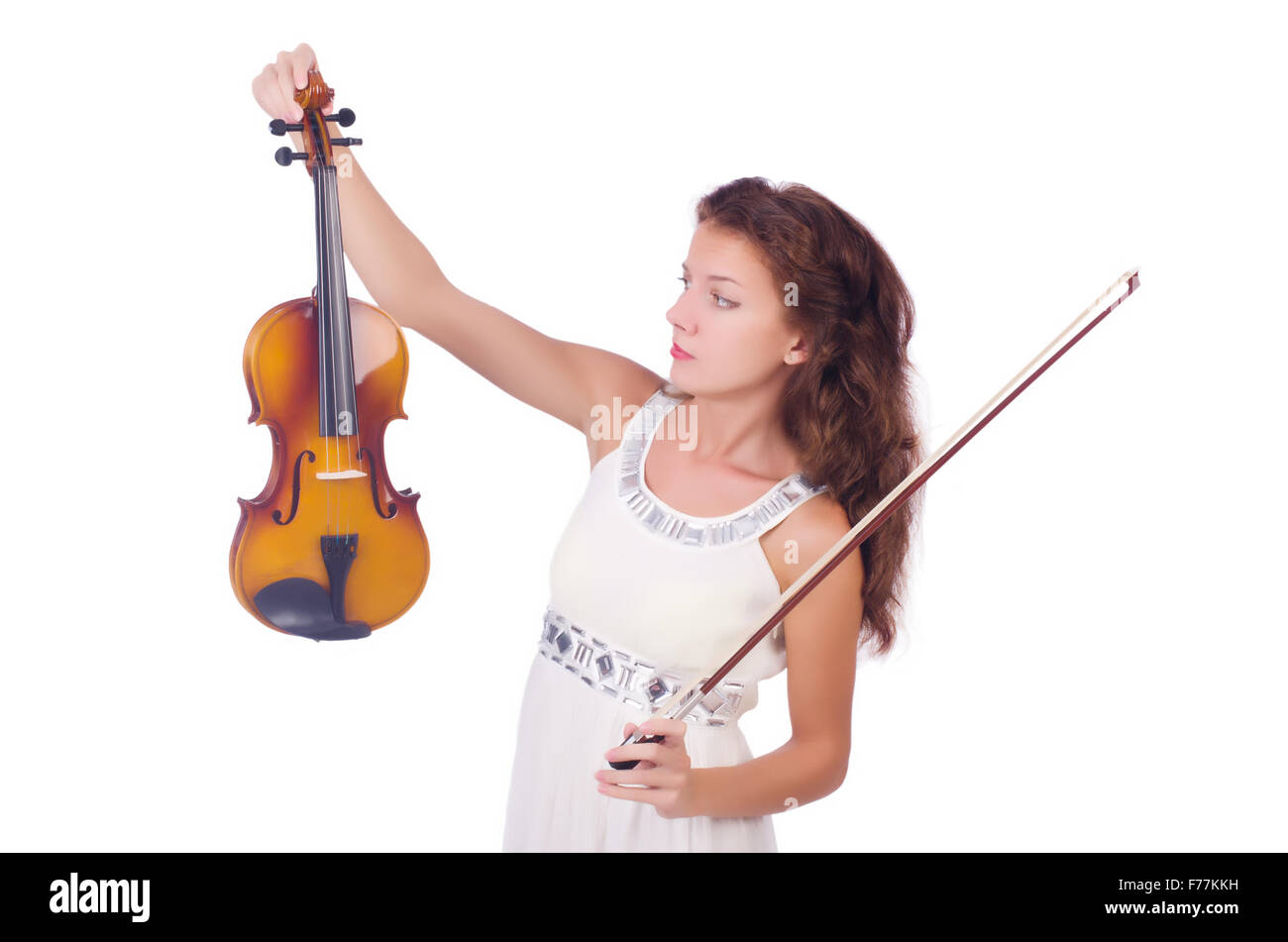 Young girl with violin on white Stock Photo - Alamy