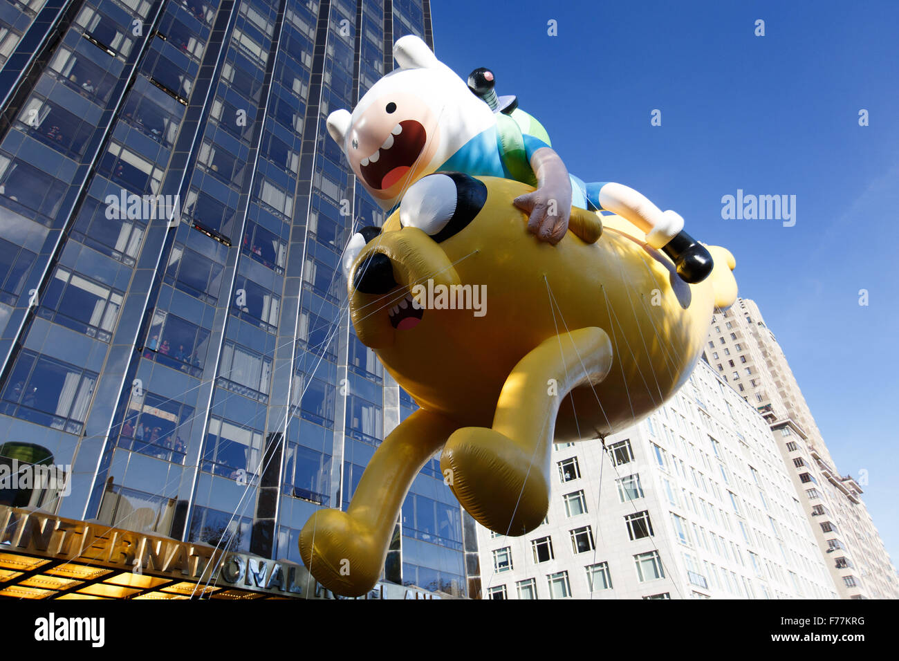 New York, USA. 26th Nov, 2015. Photo taken on Nov. 26, 2015, shows the balloon of Adventure Time with Finn& Jake is seen during the 89th Macy's Thanksgiving Day Parade in New York, the United States. Credit:  Li Muzi/Xinhua/Alamy Live News Stock Photo