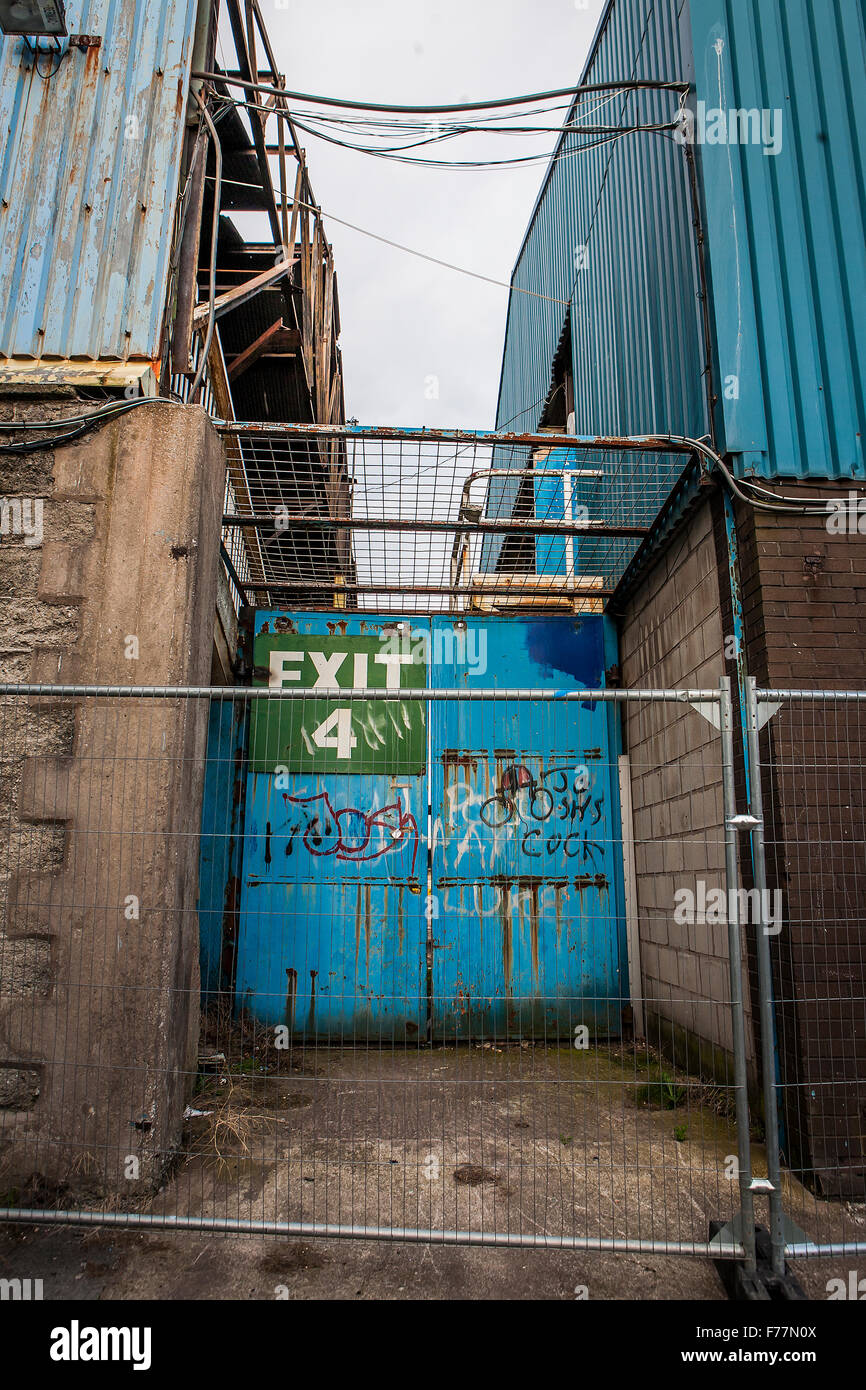 Exit 4 at the Fletcher End of the old Wilderspool Stadium of Warrington Rugby League Football Club Stock Photo