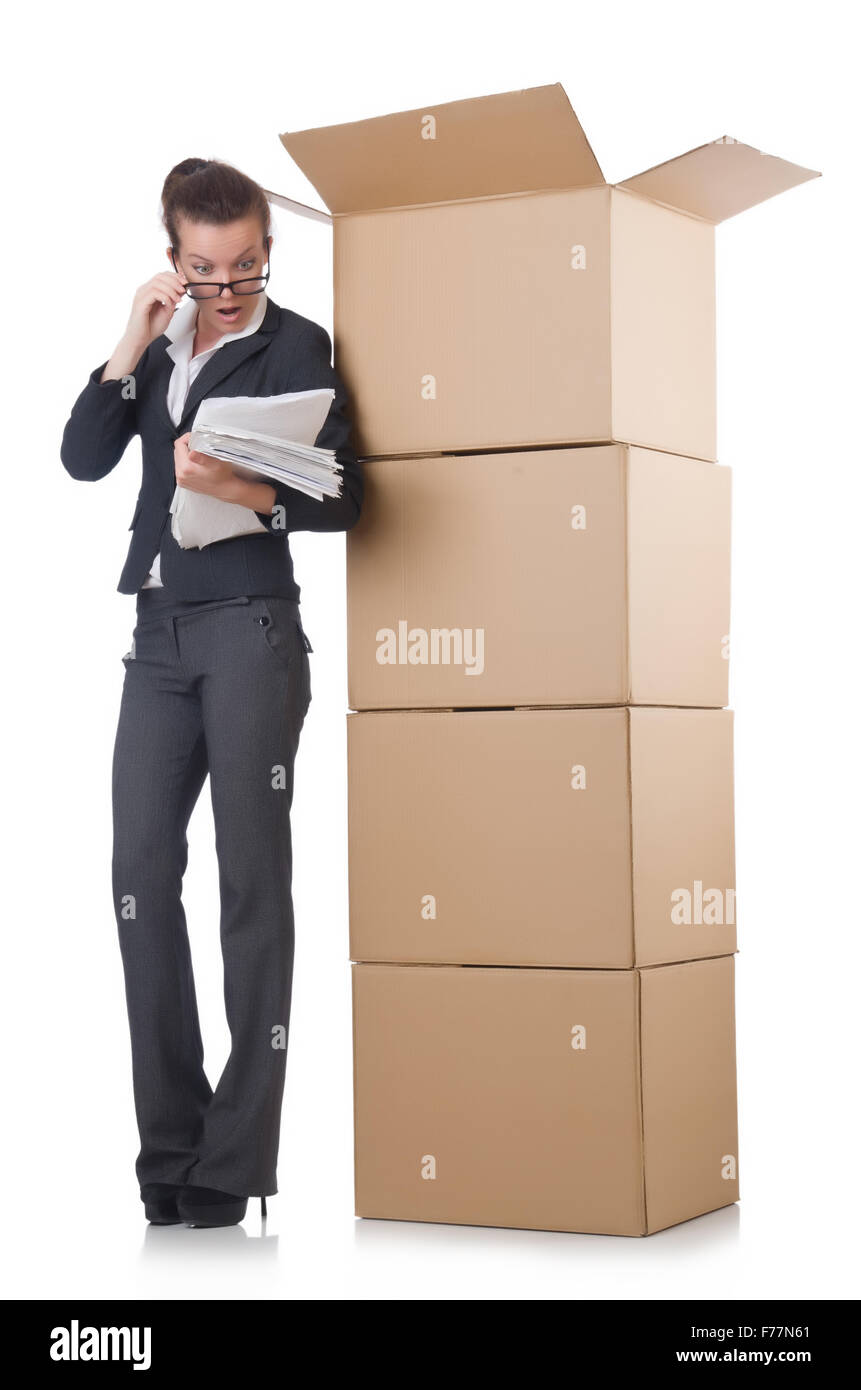 Woman businesswoman with boxes on white Stock Photo - Alamy