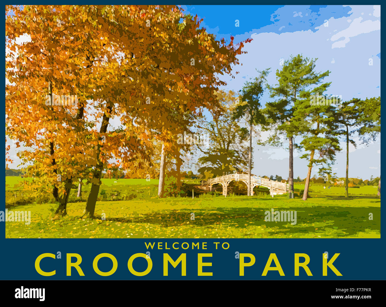 A poster style illustration from a photograph of autumn at Croome Park and Chinese Bridge, Worcestershire, England, UK Stock Photo