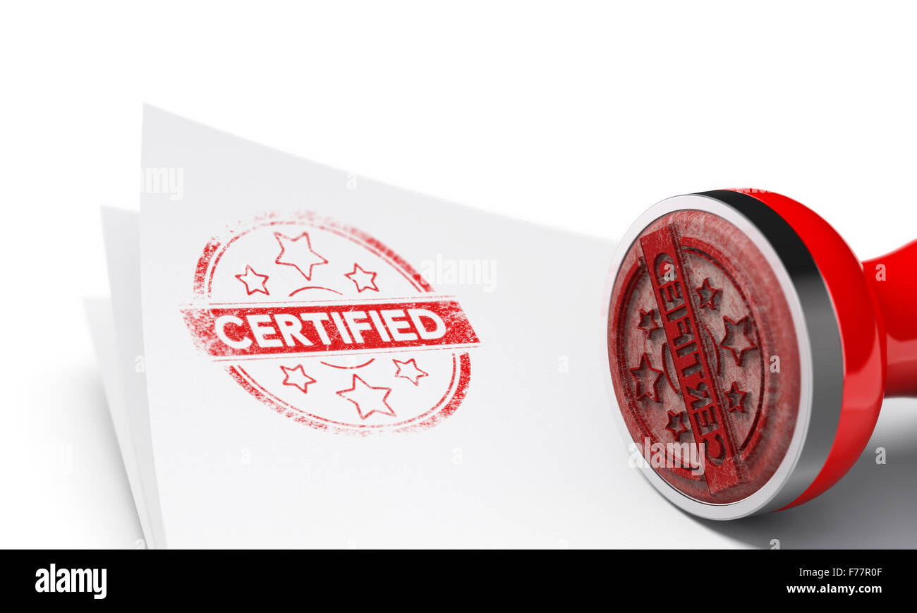 Rubber stamp over paper sheet with the word certified imprinted on it. Concept image for illustration of certificate of authenti Stock Photo