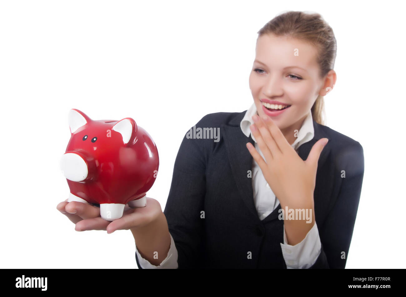 Woman businesswoman with piggybank on white Stock Photo - Alamy