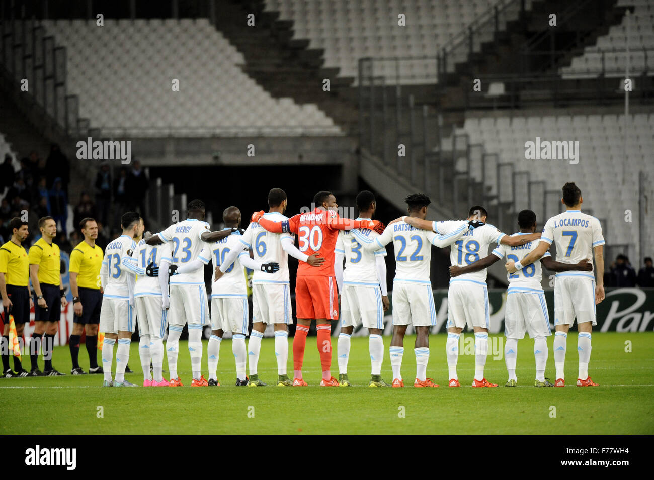 Marseille, France. 26th Nov, 2015. Europea League group stages. Marseille versus Gronigen. Minute silence is observed by the Marseille team Credit:  Action Plus Sports/Alamy Live News Stock Photo