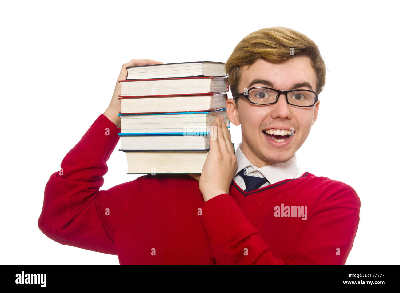 Funny student with books isolated on white Stock Photo - Alamy