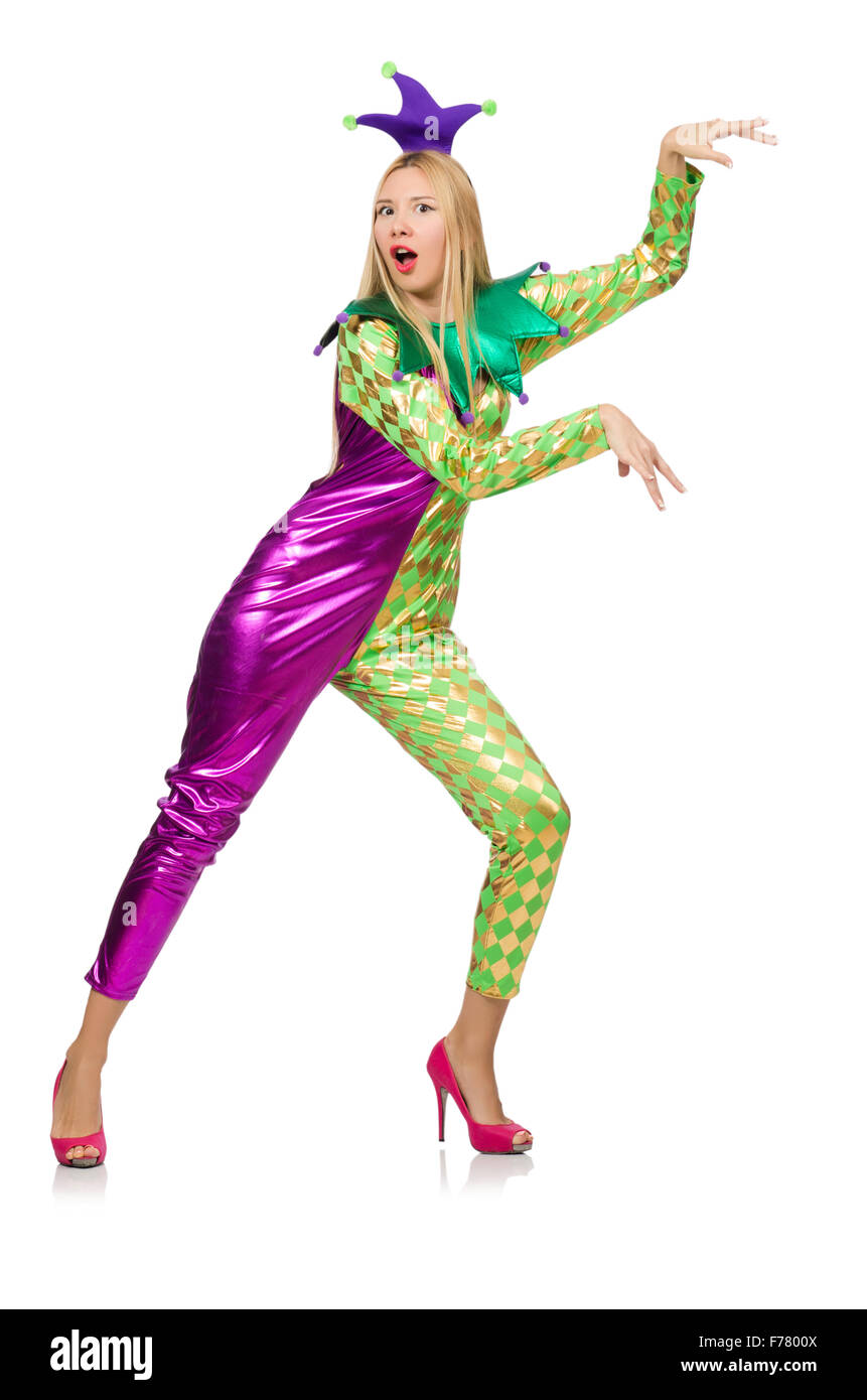 Woman wearing clown costume isolated on white Stock Photo - Alamy