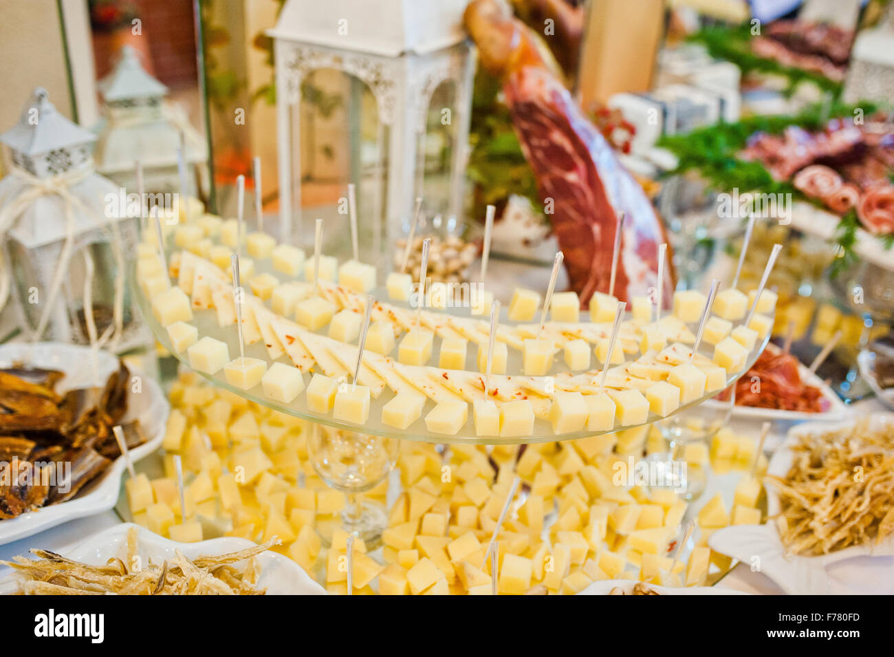 Wedding Reception Table Of Cheese Meat And Peanuts Stock Photo
