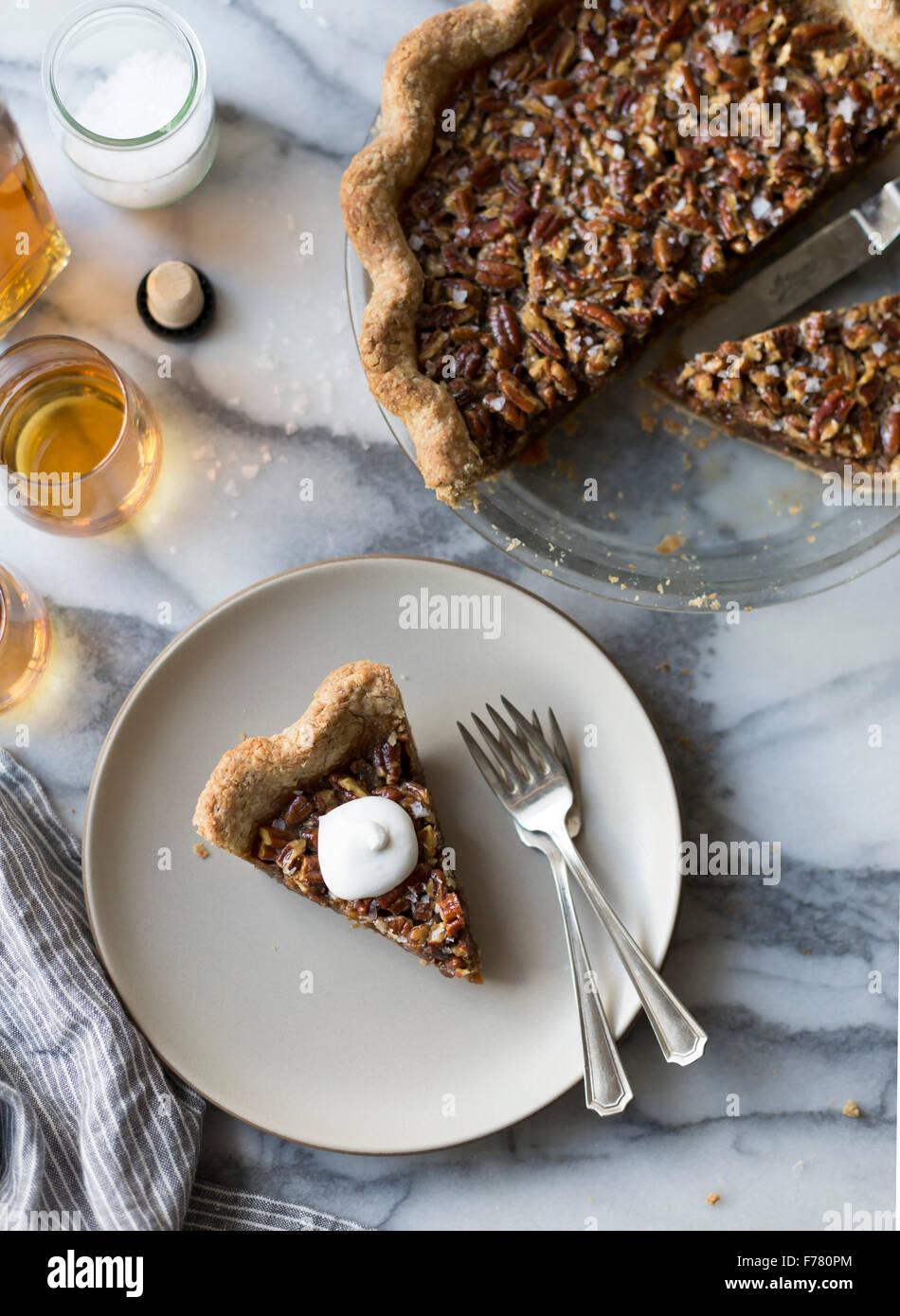 Salty bourbon pecan pie (gluten-free, with sorghum flour and sorghum syrup) Stock Photo