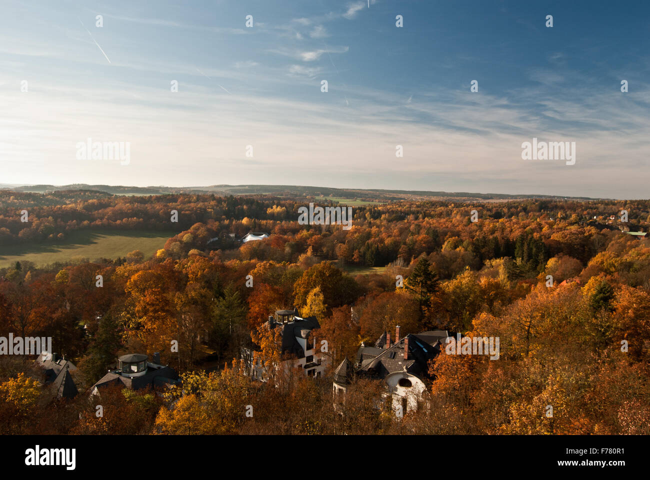 autumn countryside panorama with colourful forest from lookout on Barenstein hill above Plauen city in Saxony Stock Photo