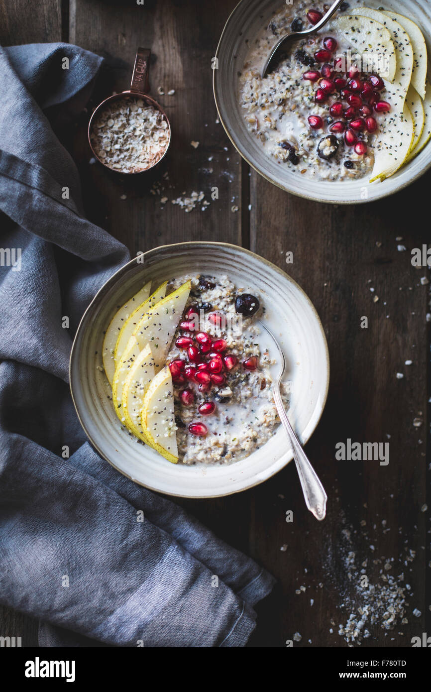 Seeded oatmeal (hemp, flax, chia, sunflower seed) with pear and