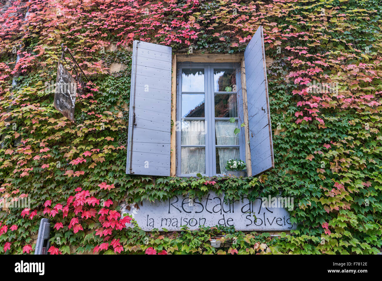 Window within wild wine,Saignon  , Restaruant la maison de Selveig, autumn, Provence, France Stock Photo