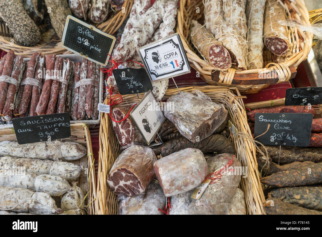 Street market, sausages ,  Lourmarin, Provence , Department Vaucluse, Provence, France Stock Photo