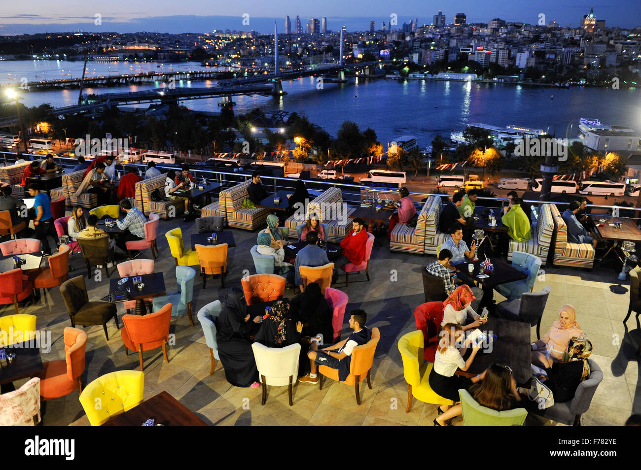 Turkey Istanbul, view from restaurant to Golden Horn, Galata bridge and Bospurus Stock Photo