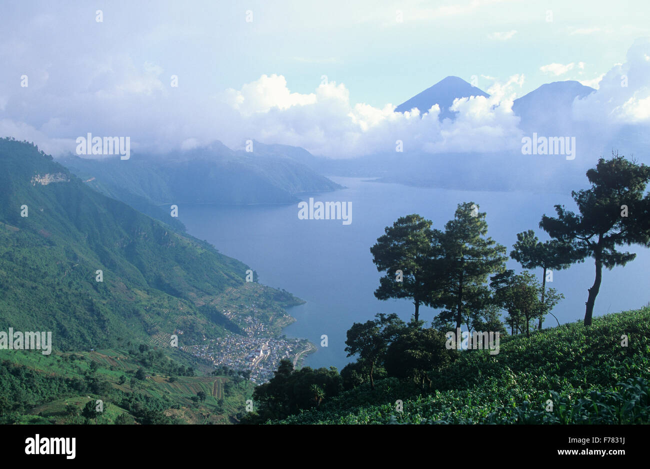 View of San Antonio Palopo from shores of Lake Atitlan, Guatemala. Stock Photo