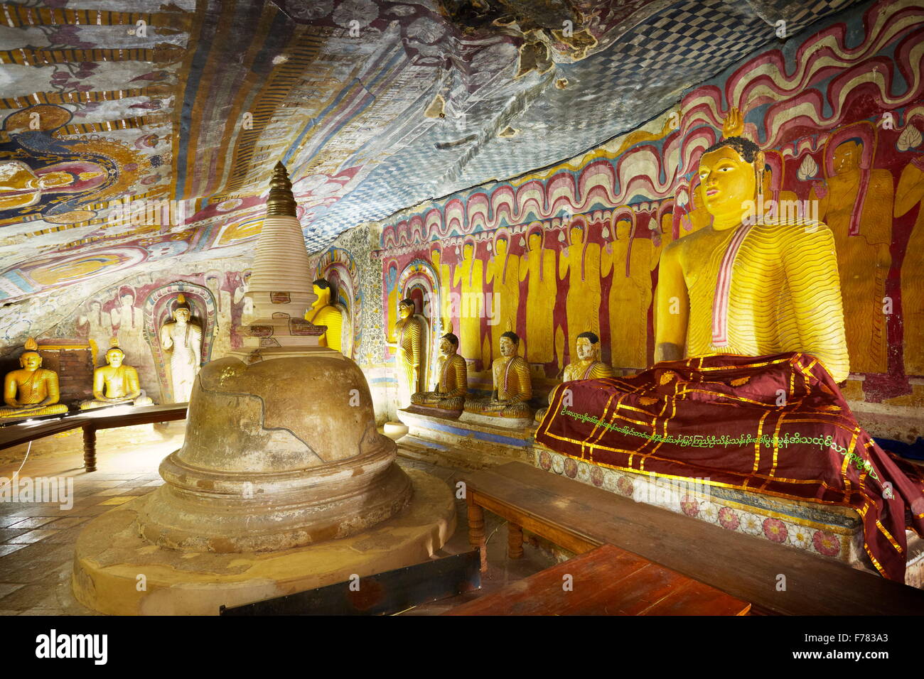 Sri Lanka, Kandy province - interior of Buddhist Cave Temple Dambulla, UNESCO World Heritage Site Stock Photo