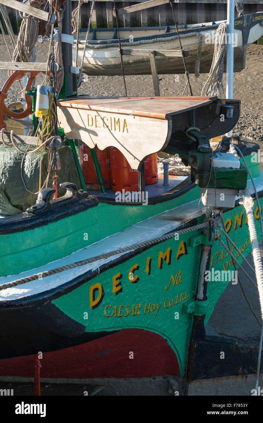 Stern of 'Decima' sailing barge, Faversham Creek, Faversham, Kent, England, United Kingdom Stock Photo