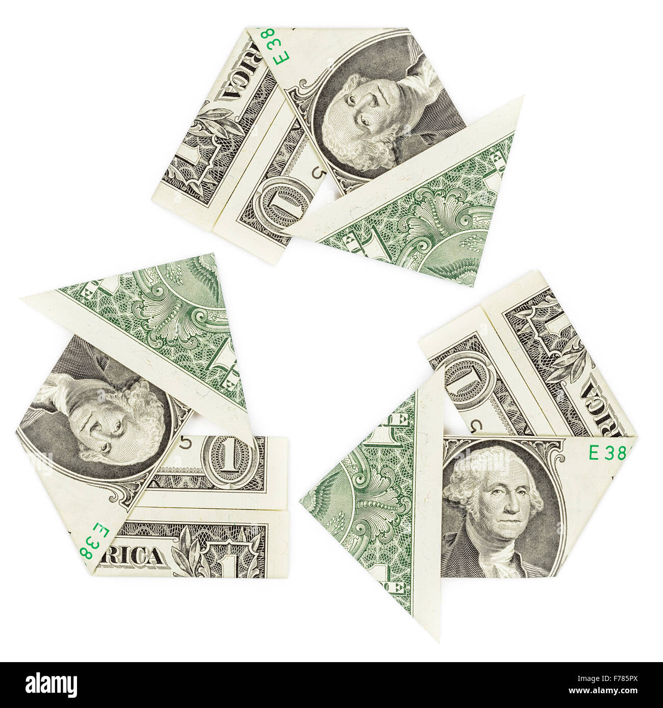 One dollar bills in a recycle symbol isolated on white background. Concept of revenue, reinvest, return. Stock Photo