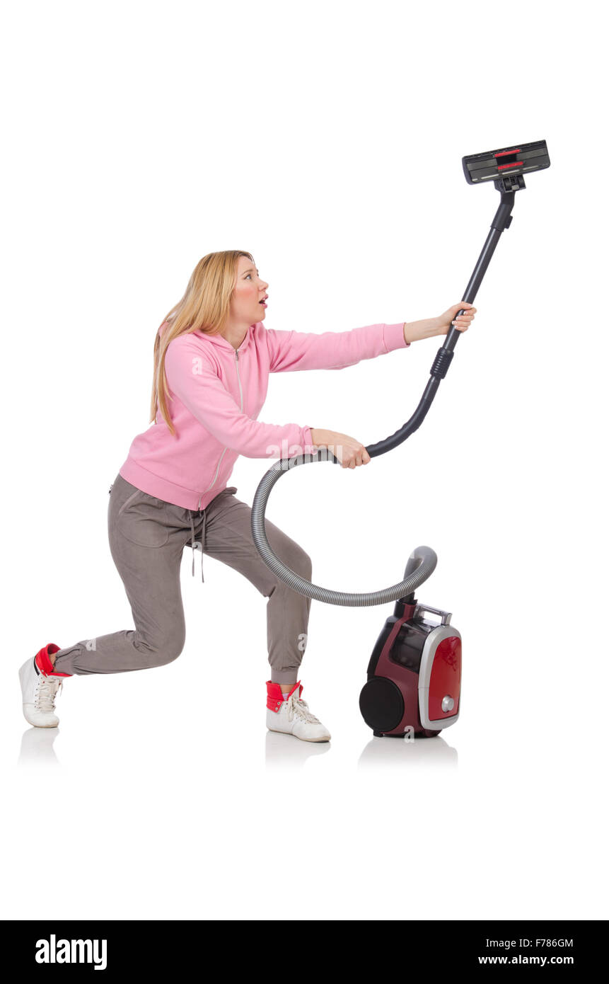 Young woman with vacuum cleaner on white Stock Photo - Alamy