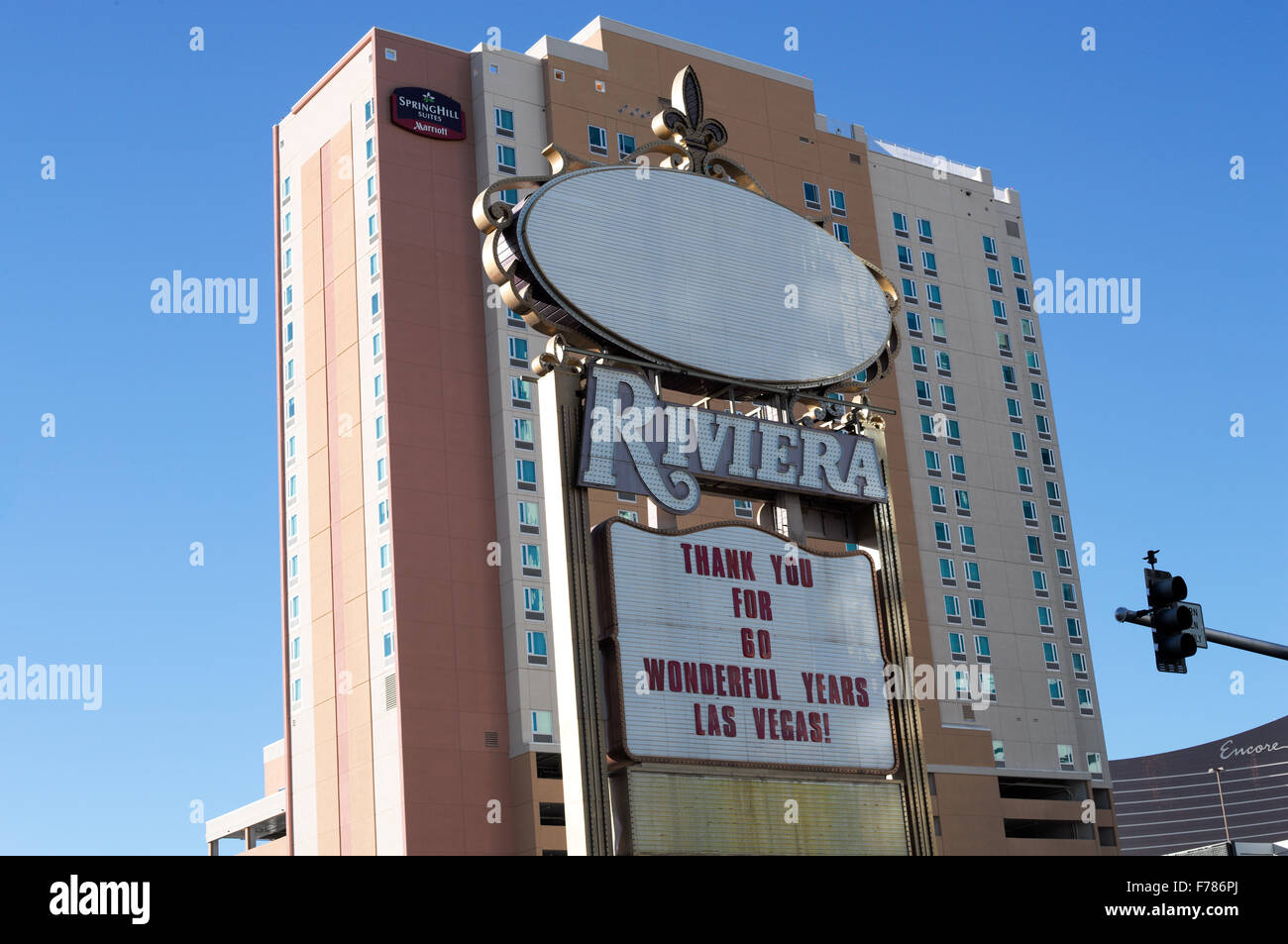 Riviera Hotel Las Vegas Nevada closing and will be torn down. Sign giving  thanks for 60 wonderful years Stock Photo - Alamy