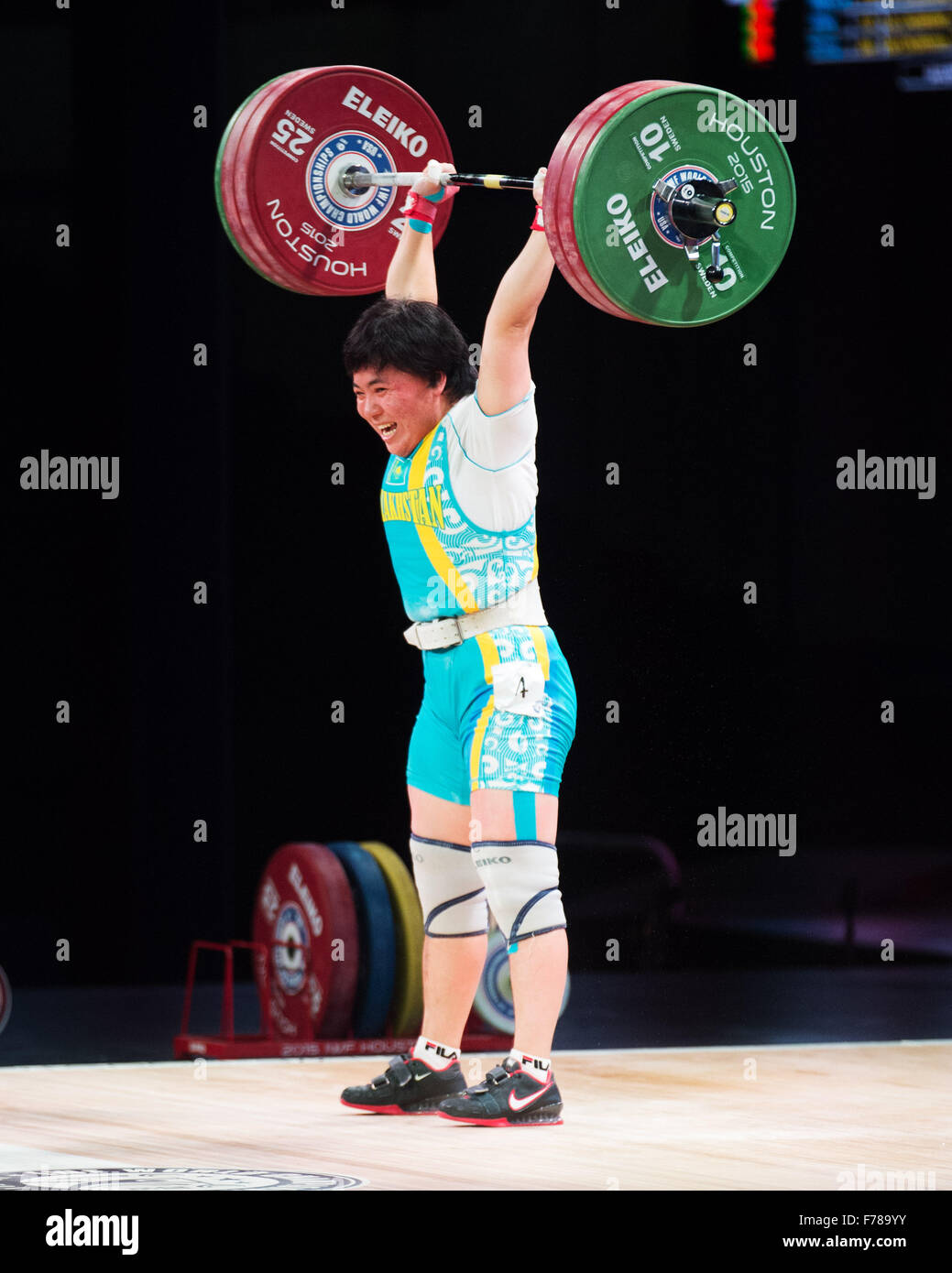 Houston, Texas, USA. 26th November, 2015.  Zhazira Zhapparrkul wins the clean and jerk and total silver medal in the Women's 69 kilograms at the World Weightlifting Chamionships in in Houston, Texas. Credit:  Brent Clark/Alamy Live News Stock Photo