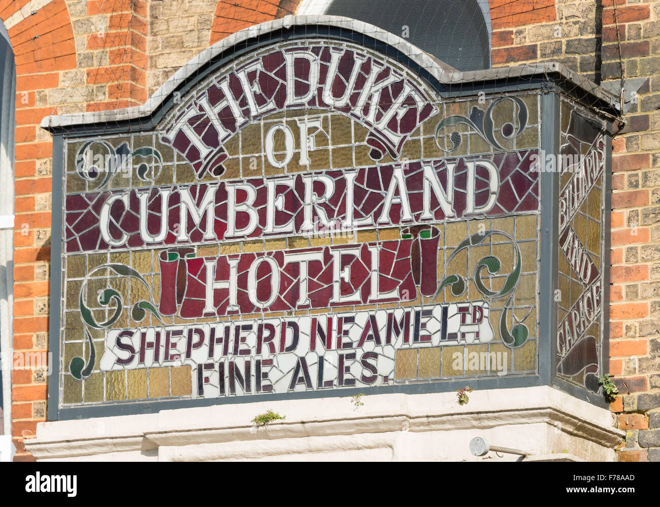 Stained-glass sign, The Duke of Cumberland Hotel, High Street, Whitstable, Kent, England, United Kingdom Stock Photo