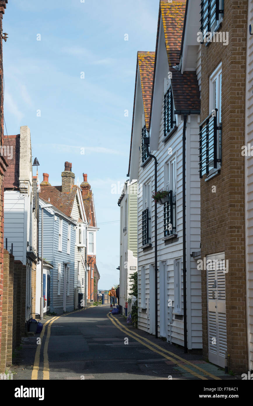 Sea Wall street with wooden houses, Whitstable Harbour, Whitstable, Kent, England, United Kingdom Stock Photo