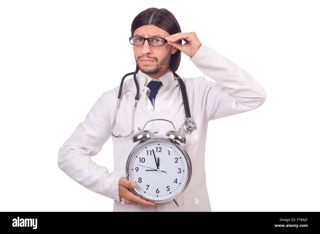 Man doctor with clock isolated on white Stock Photo Alamy