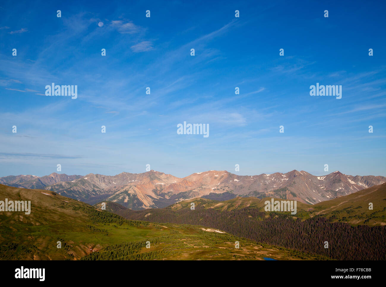 Moon over Baker Mountain, Mt Stratus, Mt Nimbus, Mt Cumulus, Howard Mountain, Mt Cirrus, Lead Mountain Stock Photo