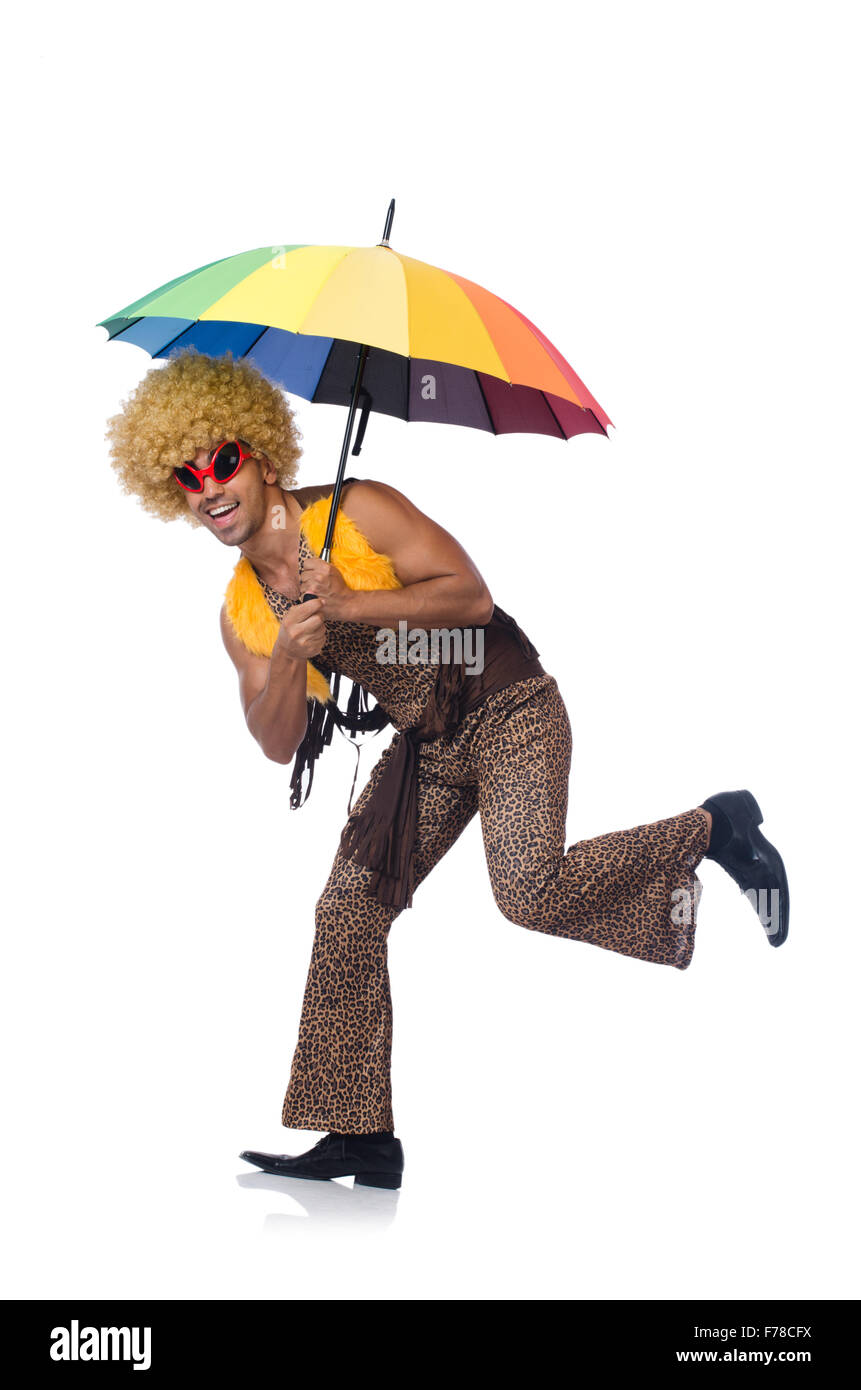Man with umbrella isolated on white Stock Photo - Alamy