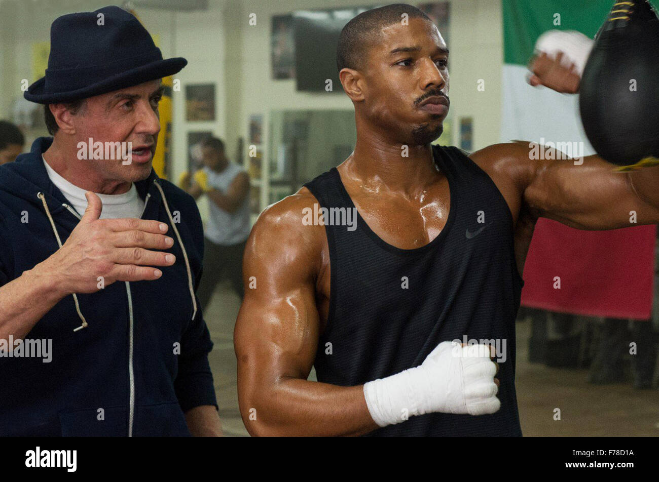 Creed is a 2015 American sports drama film written and directed by Ryan Coogler, co-written by Aaron Covington and produced by Robert Chartoff, Irwin Winkler and Sylvester Stallone. The film stars Michael B. Jordan as Adonis Johnson Creed – Apollo's son – and Stallone reprising the role of Rocky Balboa.  This photograph is for editorial use only and is the copyright of the film company and/or the photographer assigned by the film or production company and can only be reproduced by publications in conjunction with the promotion of the above Film. A Mandatory Credit to the film company is requir Stock Photo