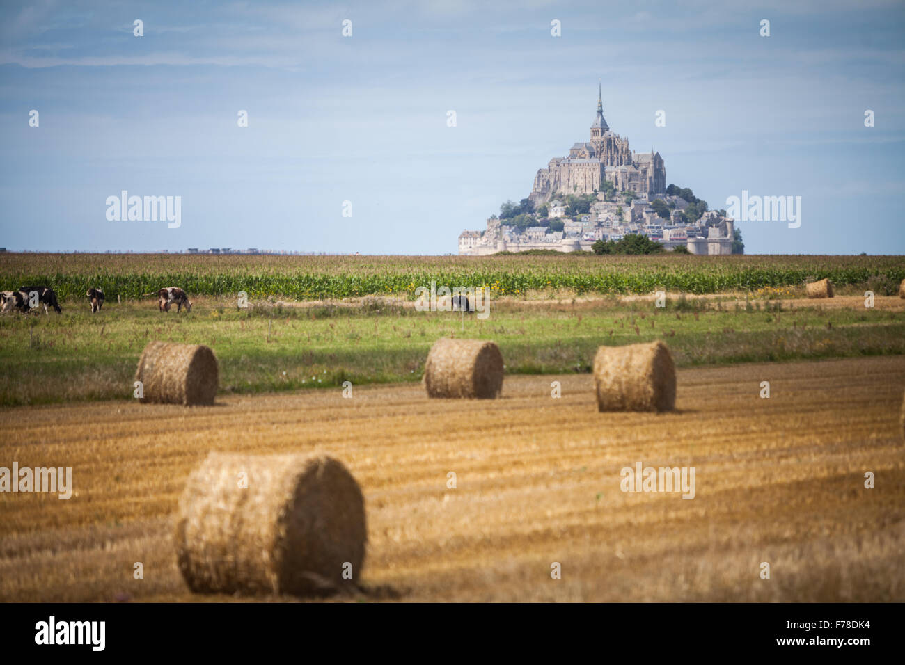Color image some hay rolls in front of Mont Saint Michel in Normandy, France. Stock Photo
