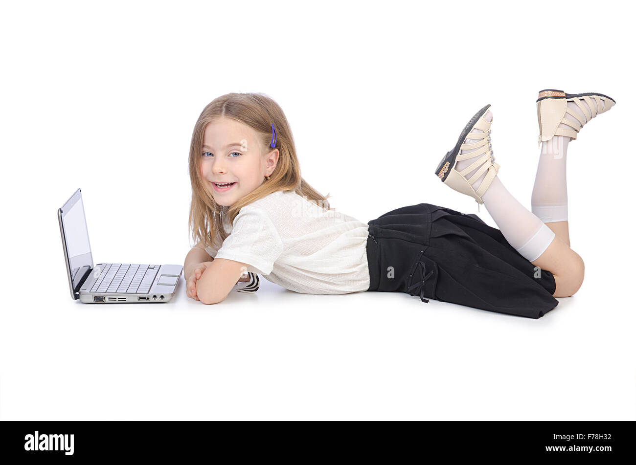 Cute girl with laptop on white Stock Photo - Alamy