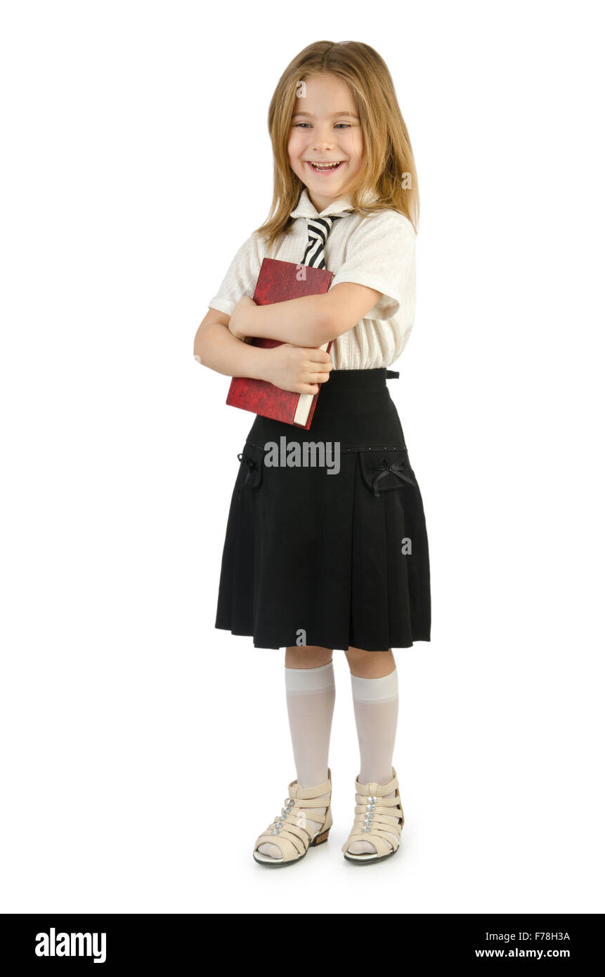 Little girl with books on white Stock Photo - Alamy