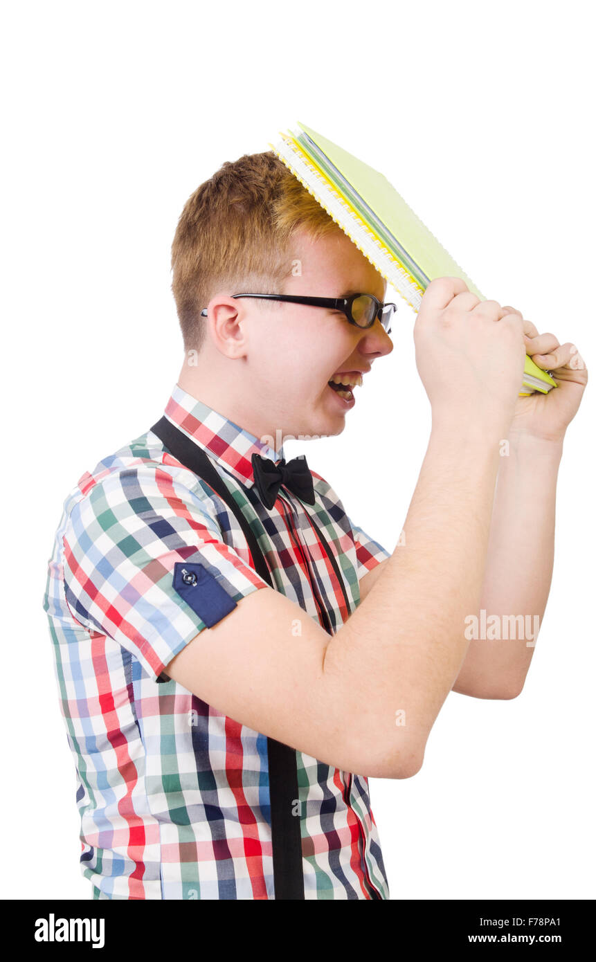 Funny student with books isolated on white Stock Photo - Alamy