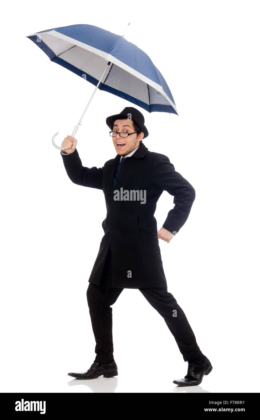 Young man with umbrella isolated on white Stock Photo - Alamy