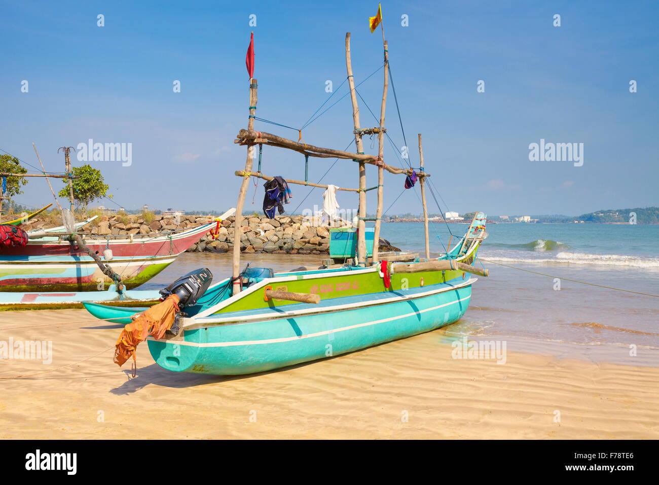 Sri Lanka - Galle,  traditional wooden painted fishing boats in the port Stock Photo
