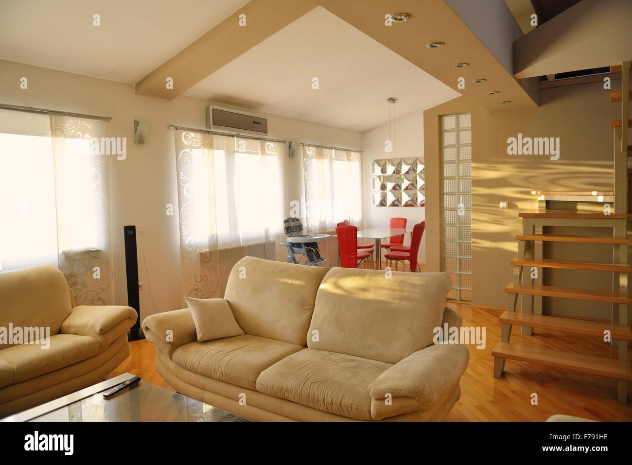 Modern Living Room With Couches And Tv In New Apartment Stock