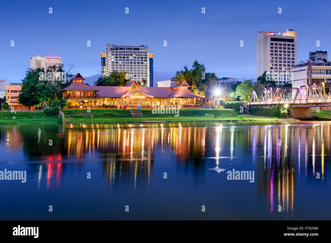 Chiang Mai, Thailand skyline on the Ping River. Stock Photo