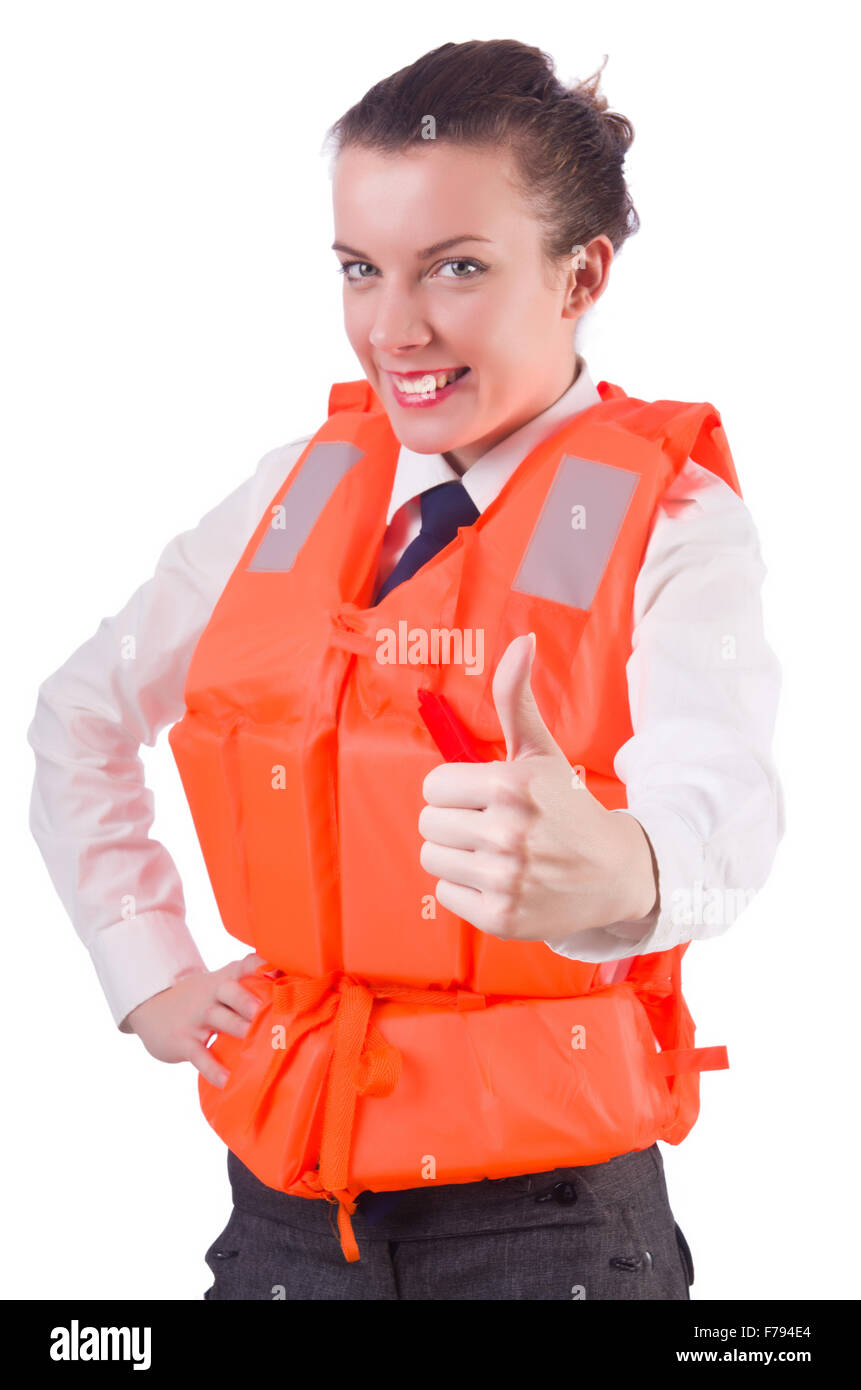 Young woman with life vest on white Stock Photo Alamy
