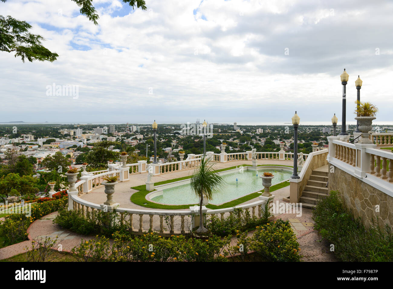 Side view of a water fountain at the Serralles Castle with the town of Ponce as a background. Ponce, Puerto Rico. USA territory. Stock Photo