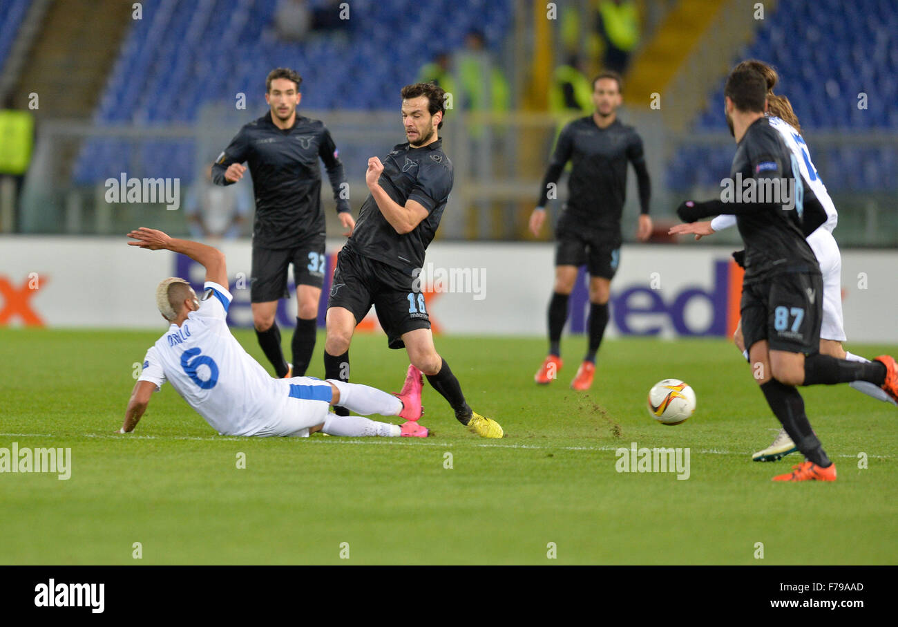 Rome, Italy. 26th November, 2015. Marco Parolo  fights for the ball with  Danilo during the Europe League football match S.S. Lazio vs F.C. Dnipro at the Olympic Stadium in Rome, on november 26, 2015 Credit:  Silvia Lore'/Alamy Live News Stock Photo